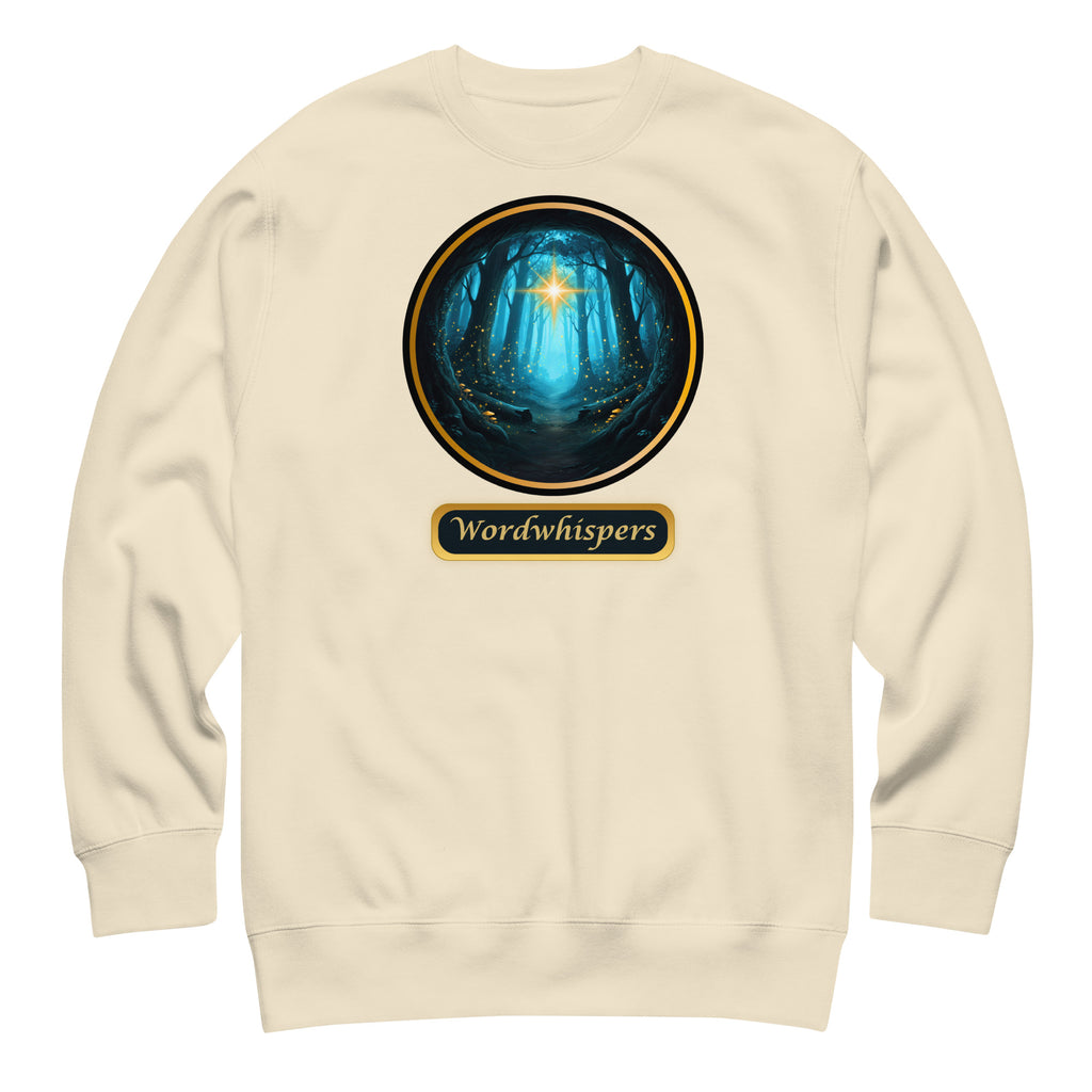 Glimmer of Light crewneck sweatshirt featuring a glowing star in a gold-bordered forest circle, with Wordwhispers lettering beneath in bone