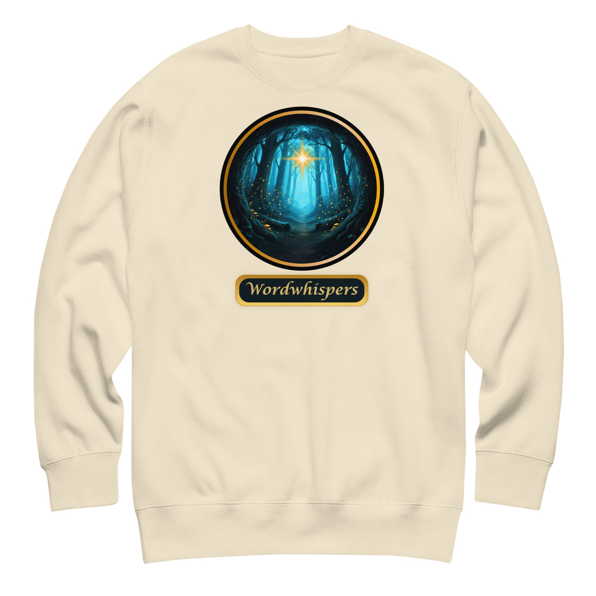 Glimmer of Light crewneck sweatshirt featuring a glowing star in a gold-bordered forest circle, with Wordwhispers lettering beneath in bone