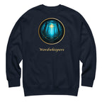 Glimmer of Light crewneck sweatshirt featuring a glowing star in a gold-bordered forest circle, with Wordwhispers lettering beneath in navy