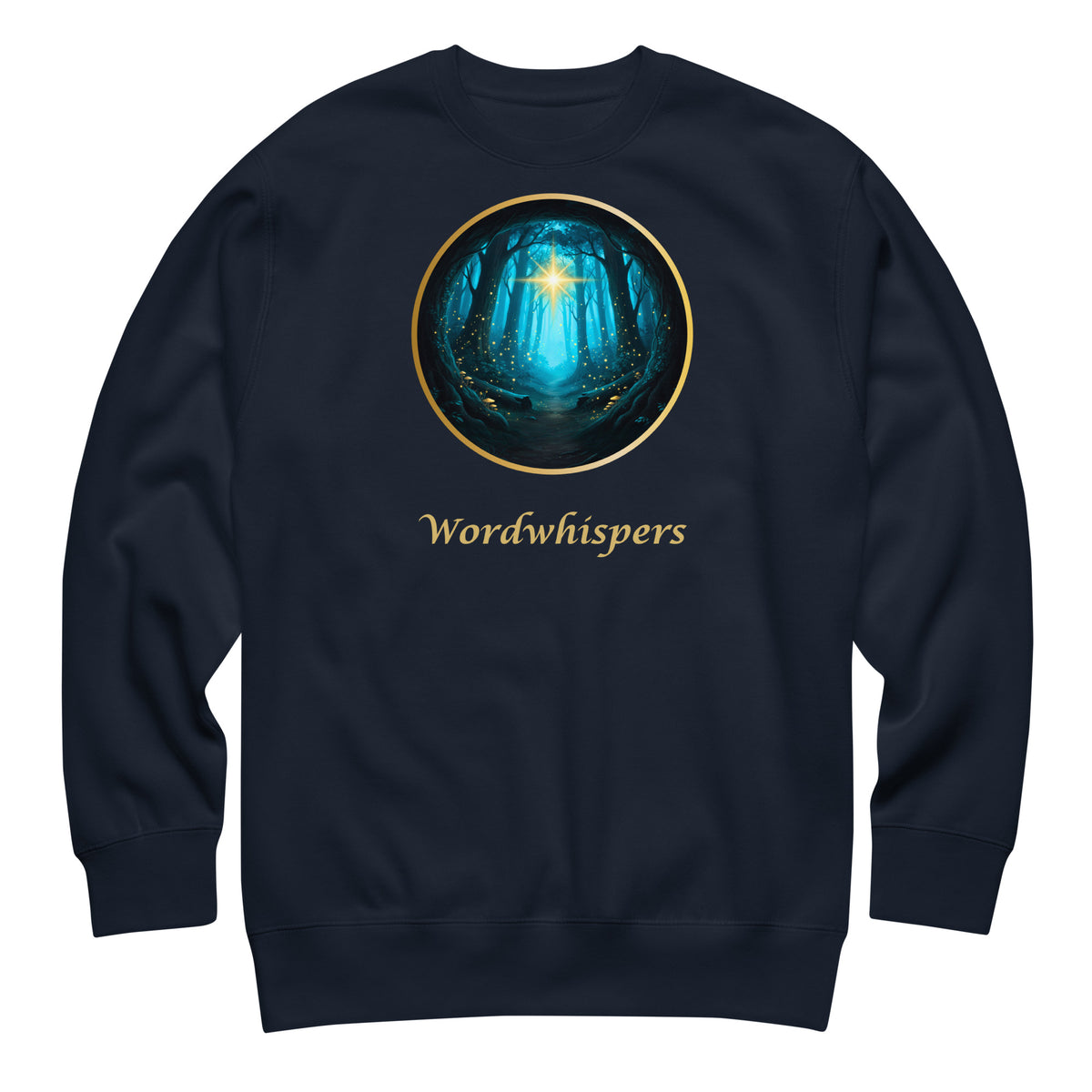 Glimmer of Light crewneck sweatshirt featuring a glowing star in a gold-bordered forest circle, with Wordwhispers lettering beneath in navy
