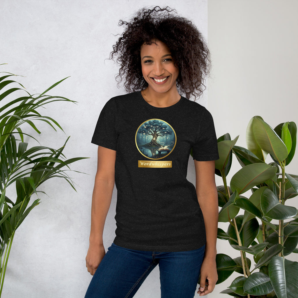 Mystical Tree unisex literary t-shirt, front view — soft cotton tee with glowing tree design, perfect gift for readers and writers — black
