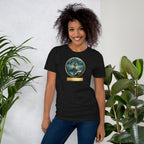 Mystical Tree unisex literary t-shirt, front view — soft cotton tee with glowing tree design, perfect gift for readers and writers — black
