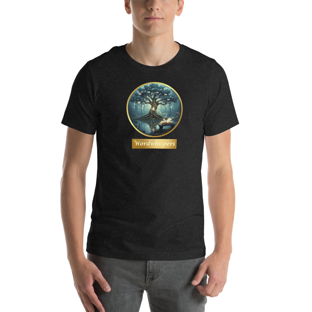 Mystical Tree unisex literary t-shirt, front view — soft cotton tee with glowing tree design, perfect gift for readers and writers — black