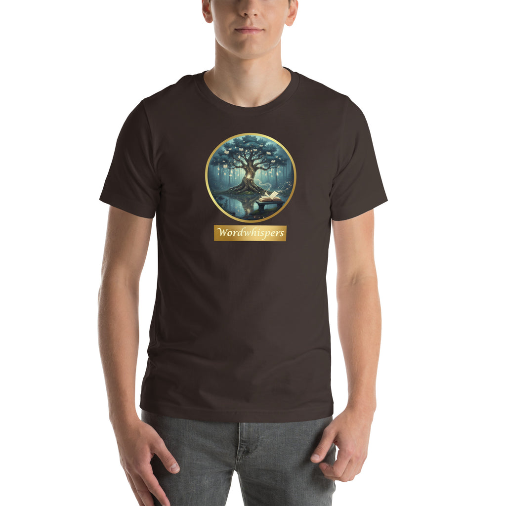Mystical Tree unisex literary t-shirt, front view — soft cotton tee with glowing tree design, perfect gift for readers and writers — brown