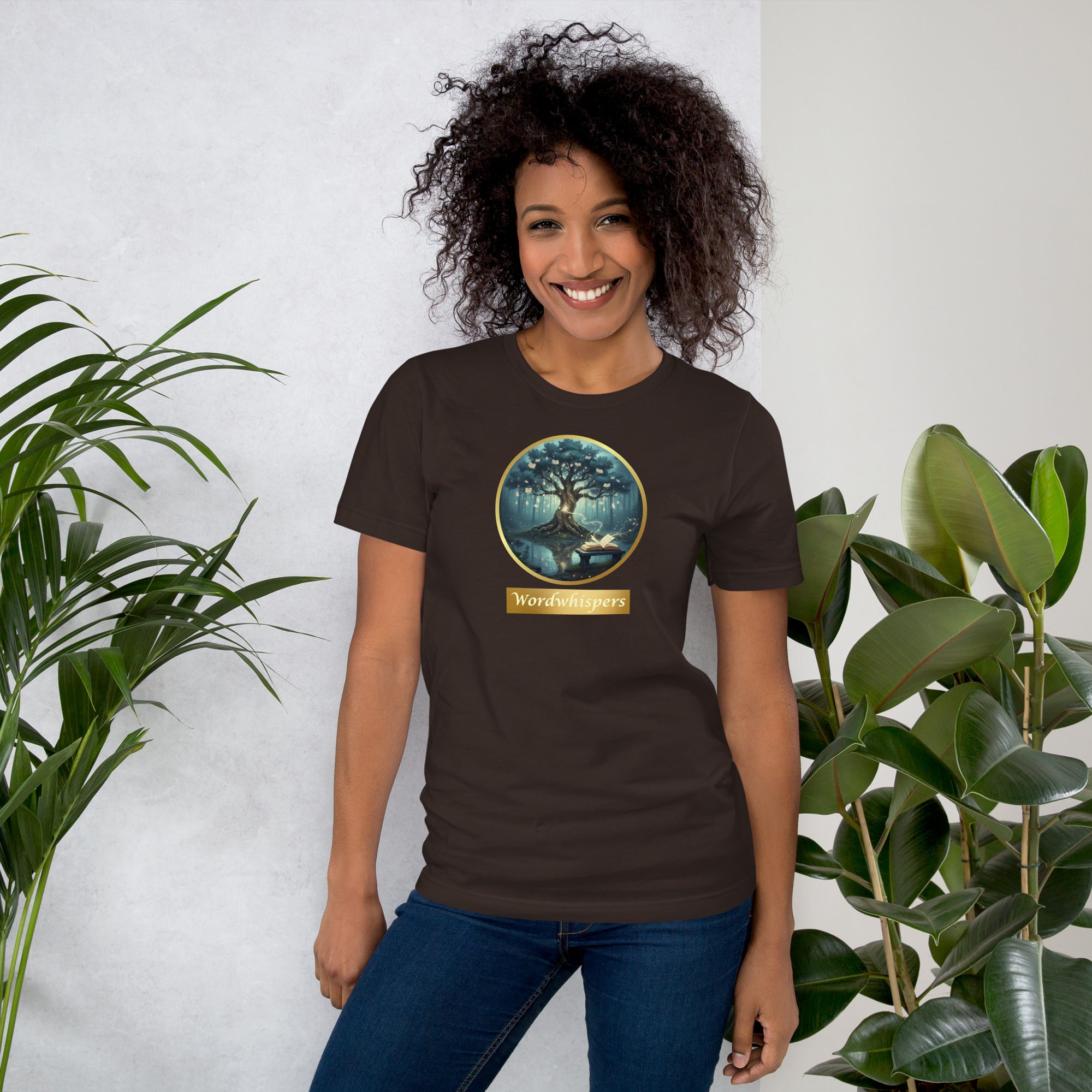 Mystical Tree unisex literary t-shirt, front view — soft cotton tee with glowing tree design, perfect gift for readers and writers — brown