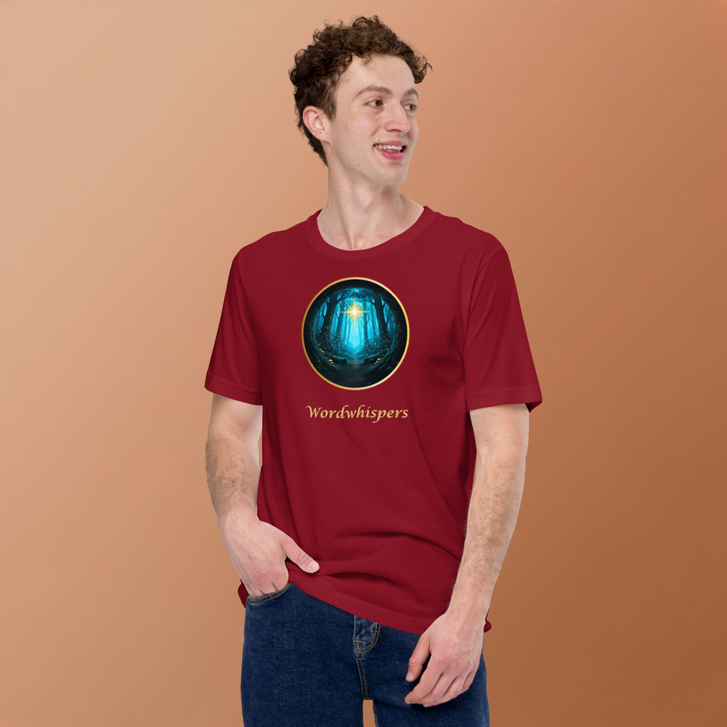 Literary t-shirt - Glimmer of Light design - for readers and writers - unisex - cardinal
