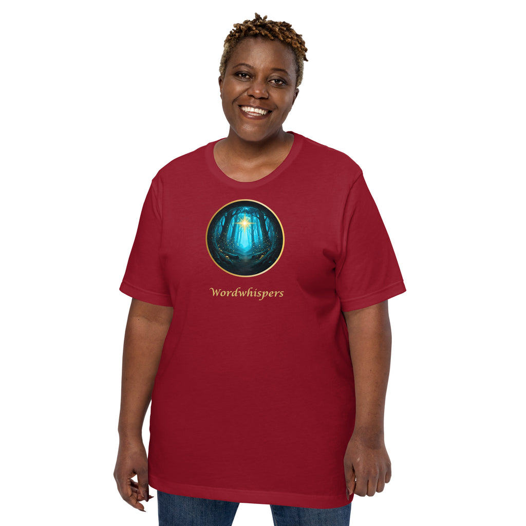 Literary t-shirt - Glimmer of Light design - for readers and writers - unisex - cardinal