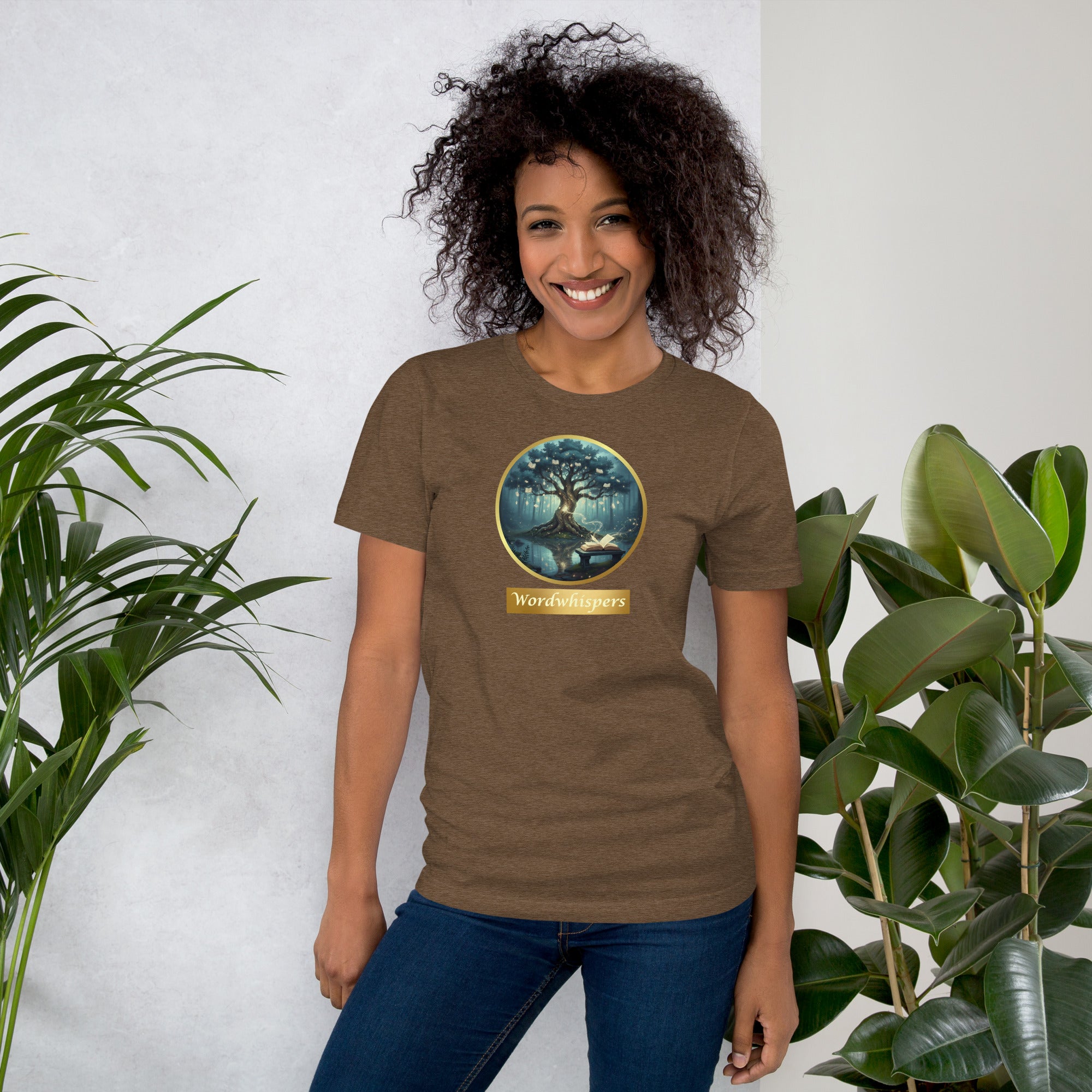 Mystical Tree unisex literary t-shirt, front view — soft cotton tee with glowing tree design, perfect gift for readers and writers — heather brown