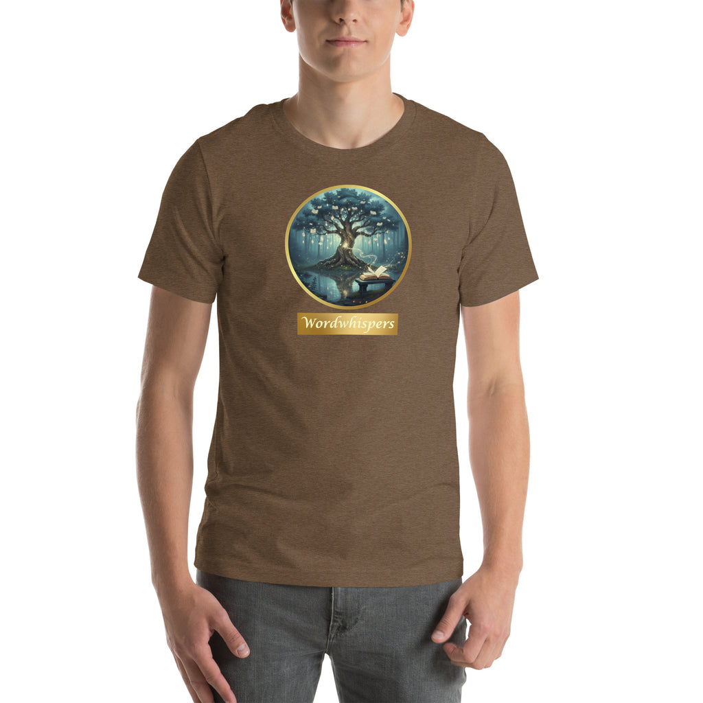 Mystical Tree unisex literary t-shirt, front view — soft cotton tee with glowing tree design, perfect gift for readers and writers — heather brown