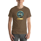 Mystical Tree unisex literary t-shirt, front view — soft cotton tee with glowing tree design, perfect gift for readers and writers — heather brown