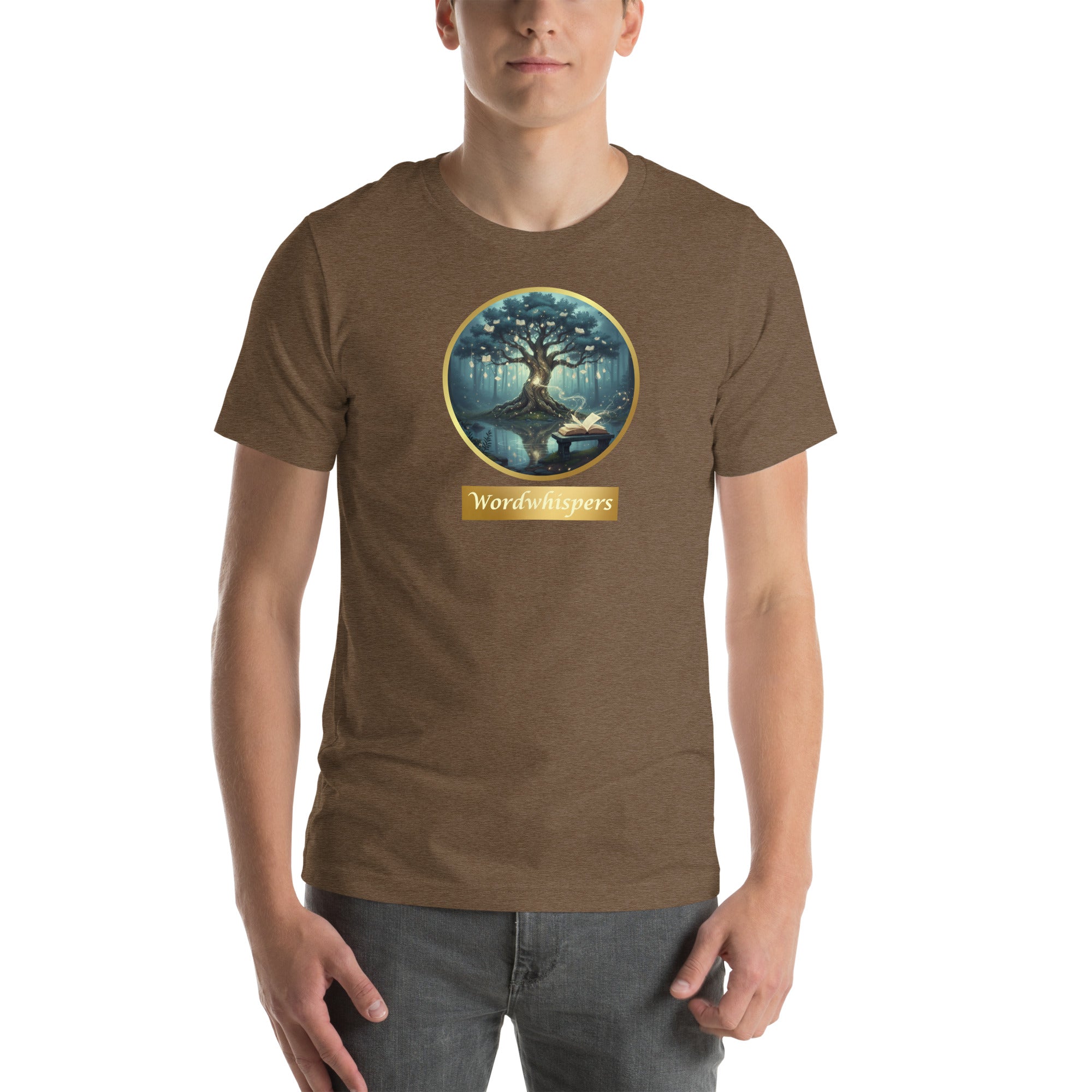 Mystical Tree unisex literary t-shirt, front view — soft cotton tee with glowing tree design, perfect gift for readers and writers — heather brown