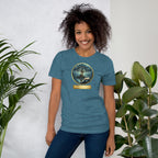 Mystical Tree unisex literary t-shirt, front view — soft cotton tee with glowing tree design, perfect gift for readers and writers — deep teal