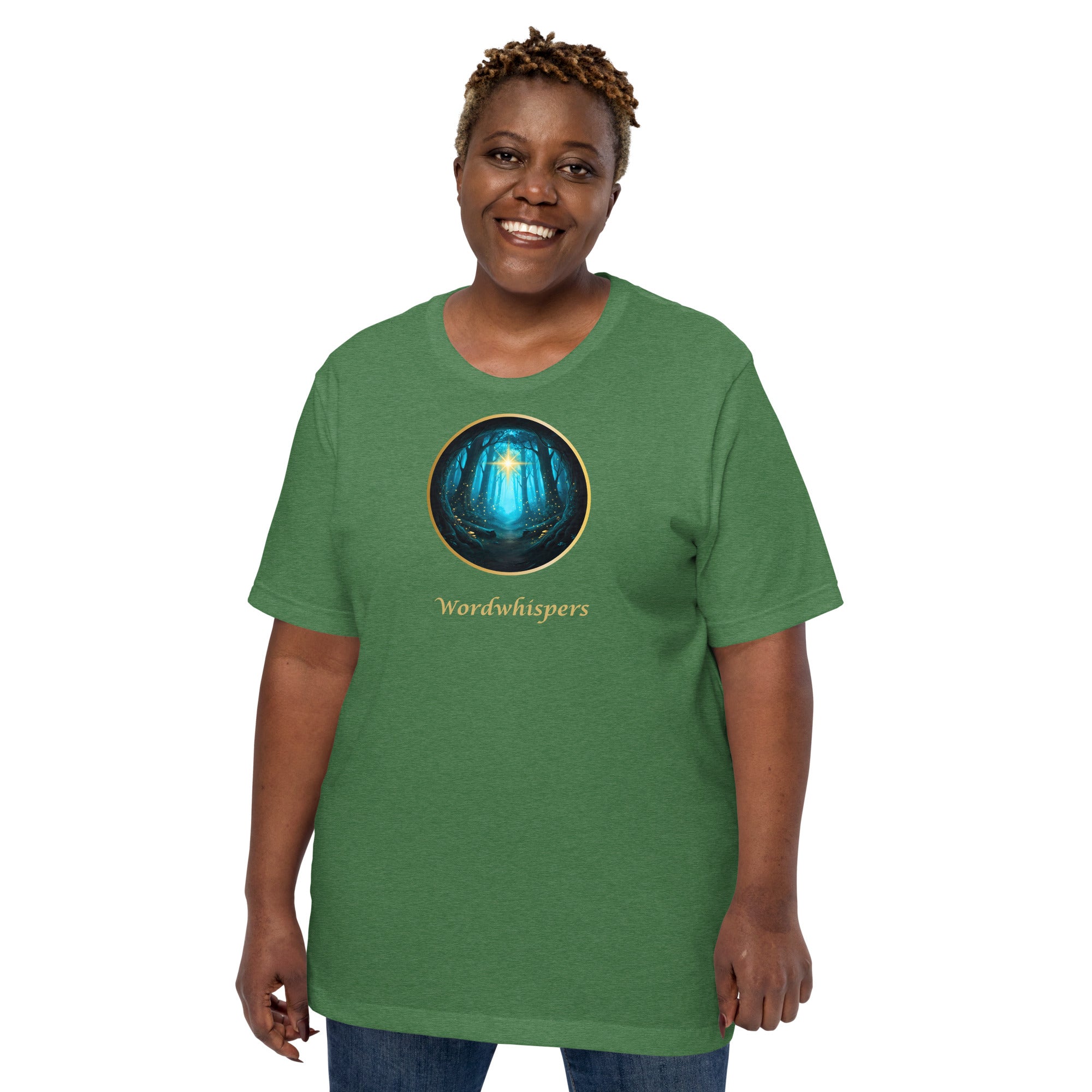 Literary t-shirt - Glimmer of Light design - for readers and writers - unisex - grass green
