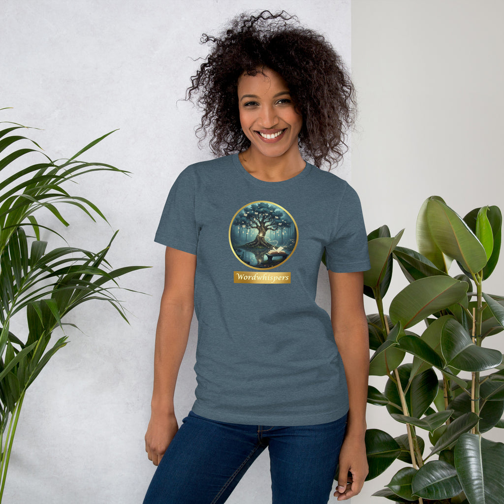 Mystical Tree unisex literary t-shirt, front view — soft cotton tee with glowing tree design, perfect gift for readers and writers — slate
