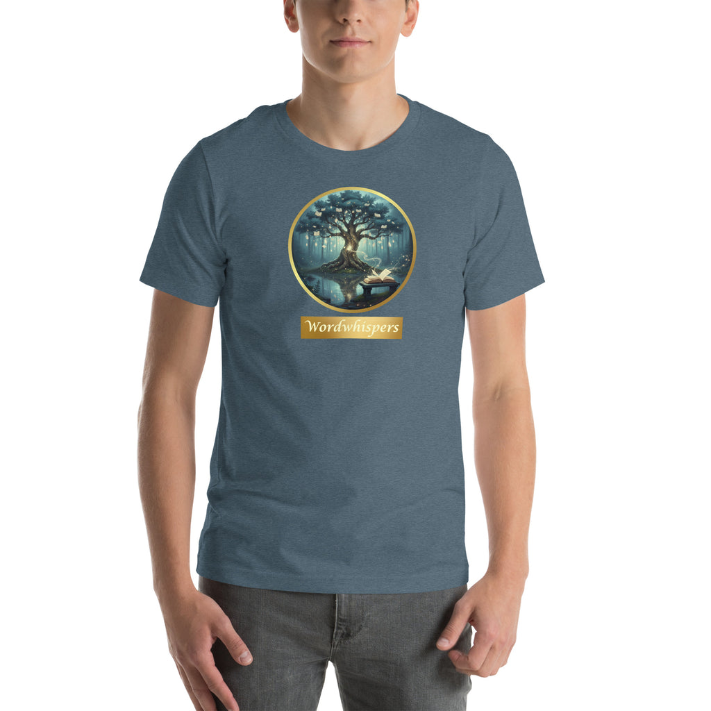 Mystical Tree unisex literary t-shirt, front view — soft cotton tee with glowing tree design, perfect gift for readers and writers — slate