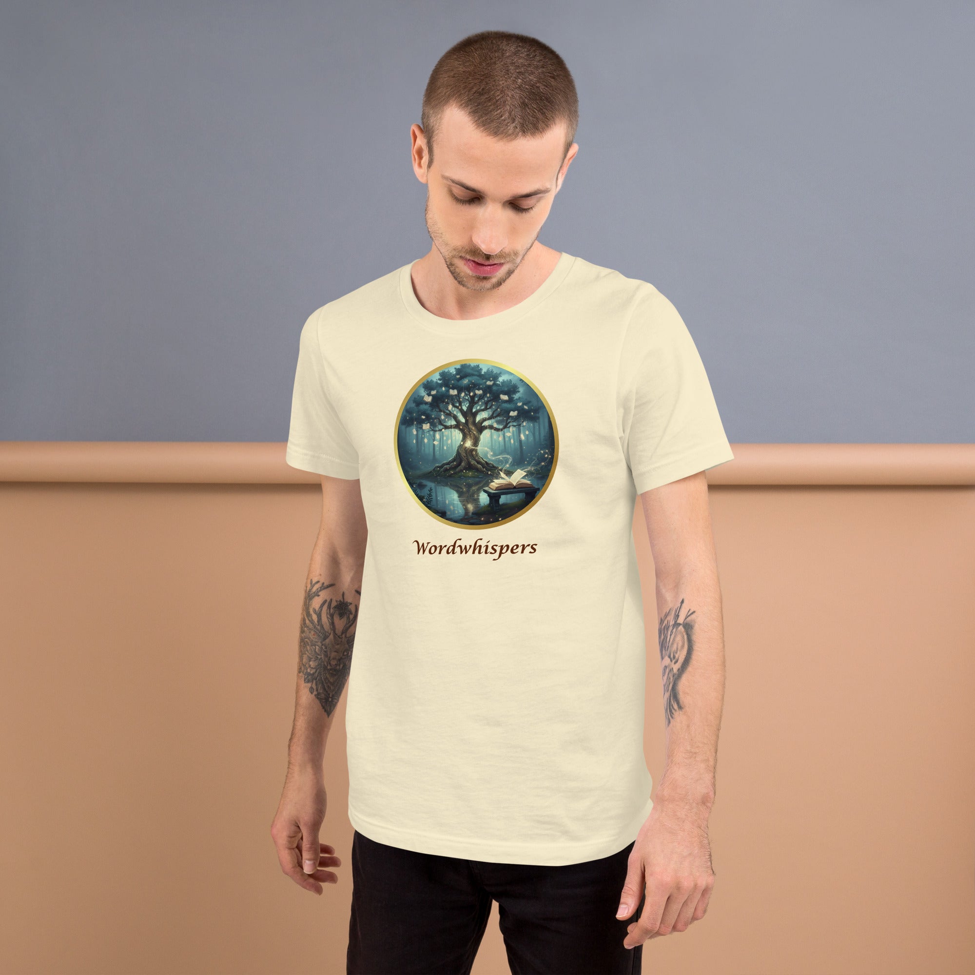 Book lover t-shirt natural - Mystical Tree Reflective Waters design - unisex soft style literary tee