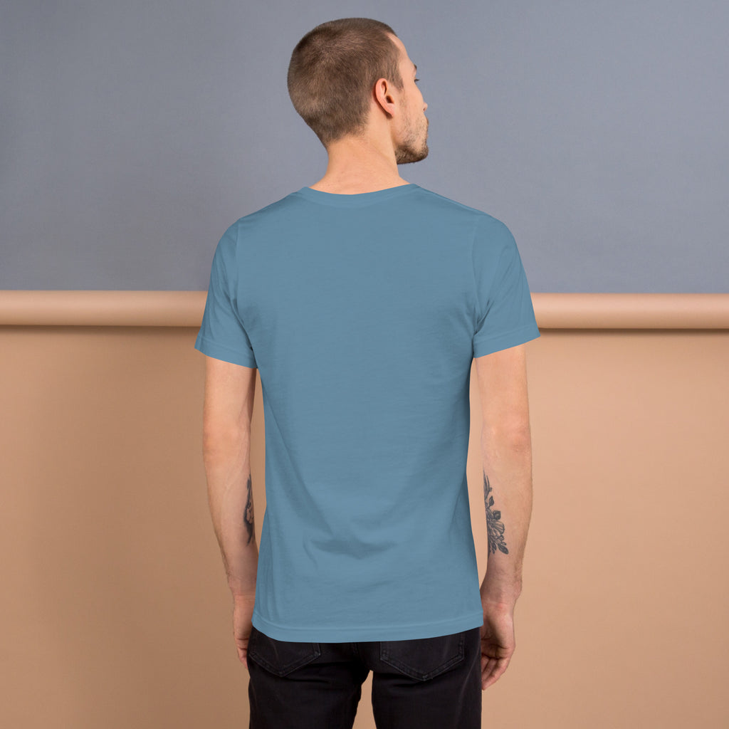 Book lover t-shirt steel blue back - Mystical Tree Reflective Waters - premium unisex literary apparel