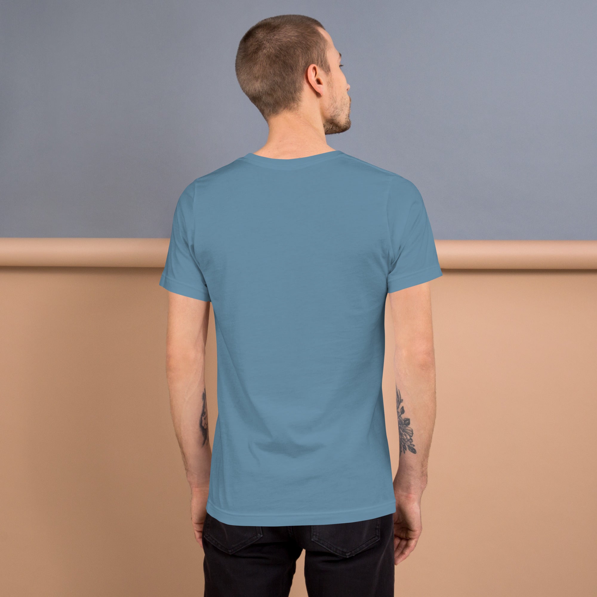 Book lover t-shirt steel blue back - Mystical Tree Reflective Waters - premium unisex literary apparel