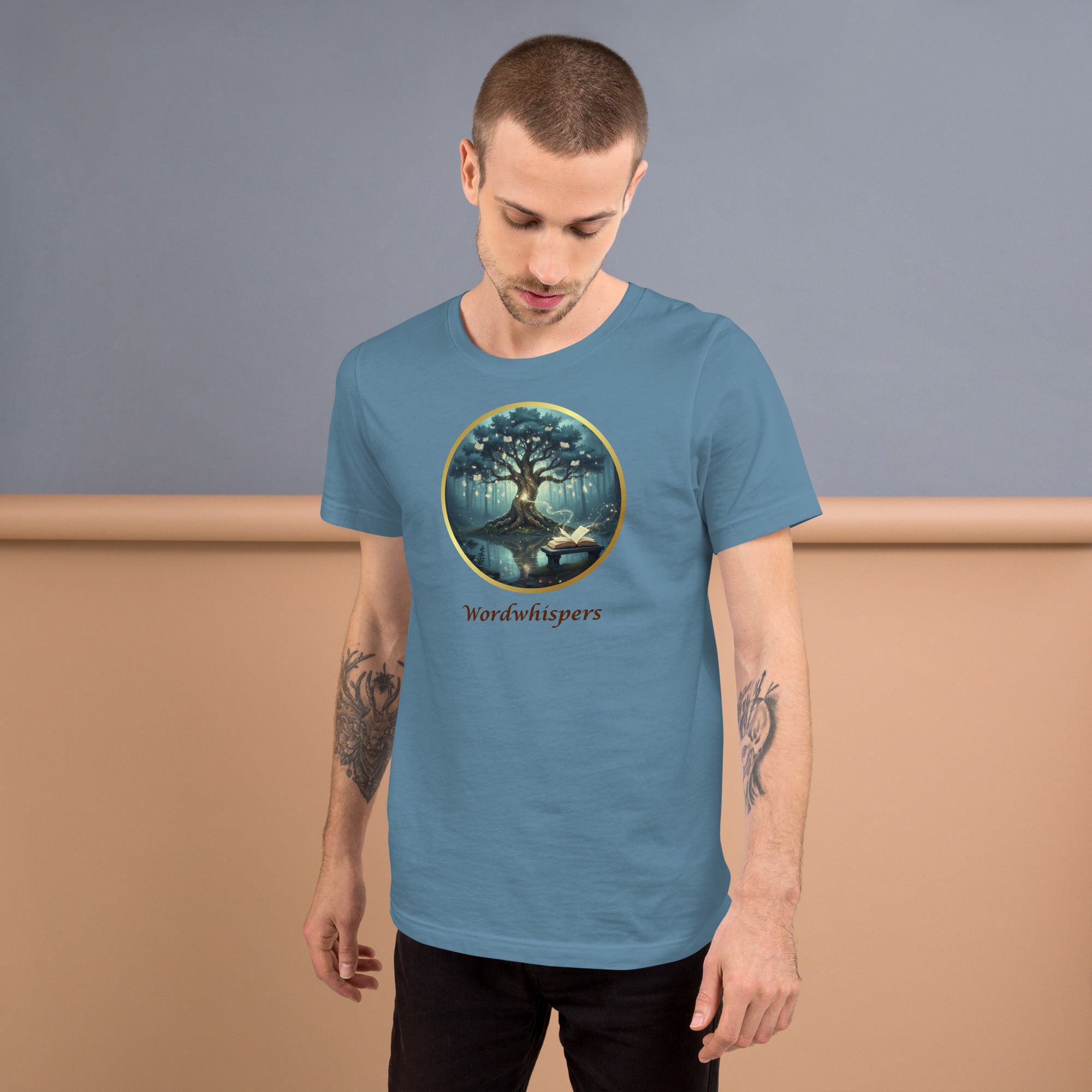 Book lover t-shirt steel blue - Mystical Tree Reflective Waters design - unisex soft style literary tee