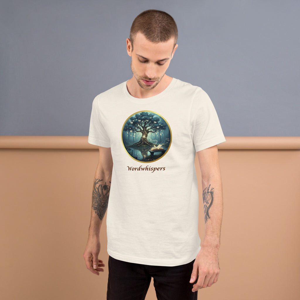 Book lover t-shirt vintage white - Mystical Tree Reflective Waters design - unisex soft style literary tee