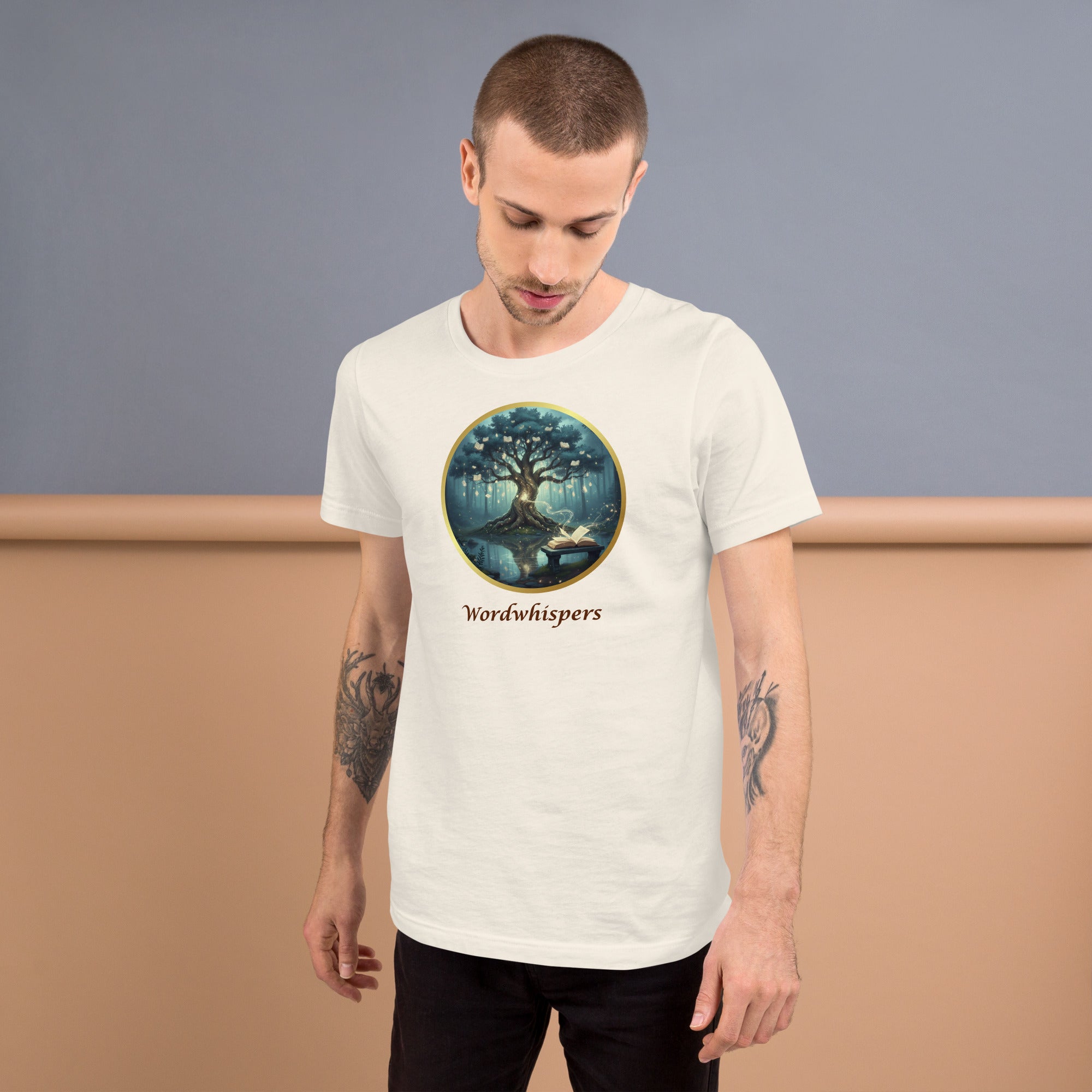 Book lover t-shirt vintage white - Mystical Tree Reflective Waters design - unisex soft style literary tee