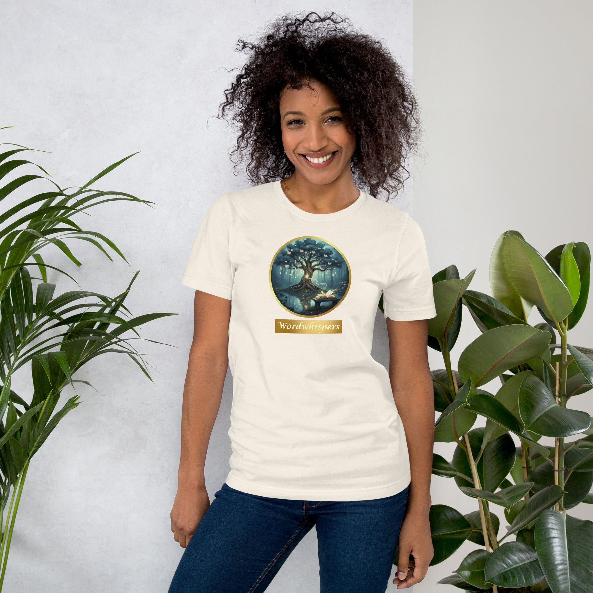 Mystical Tree unisex literary t-shirt, front view — soft cotton tee with glowing tree design, perfect gift for readers and writers — white