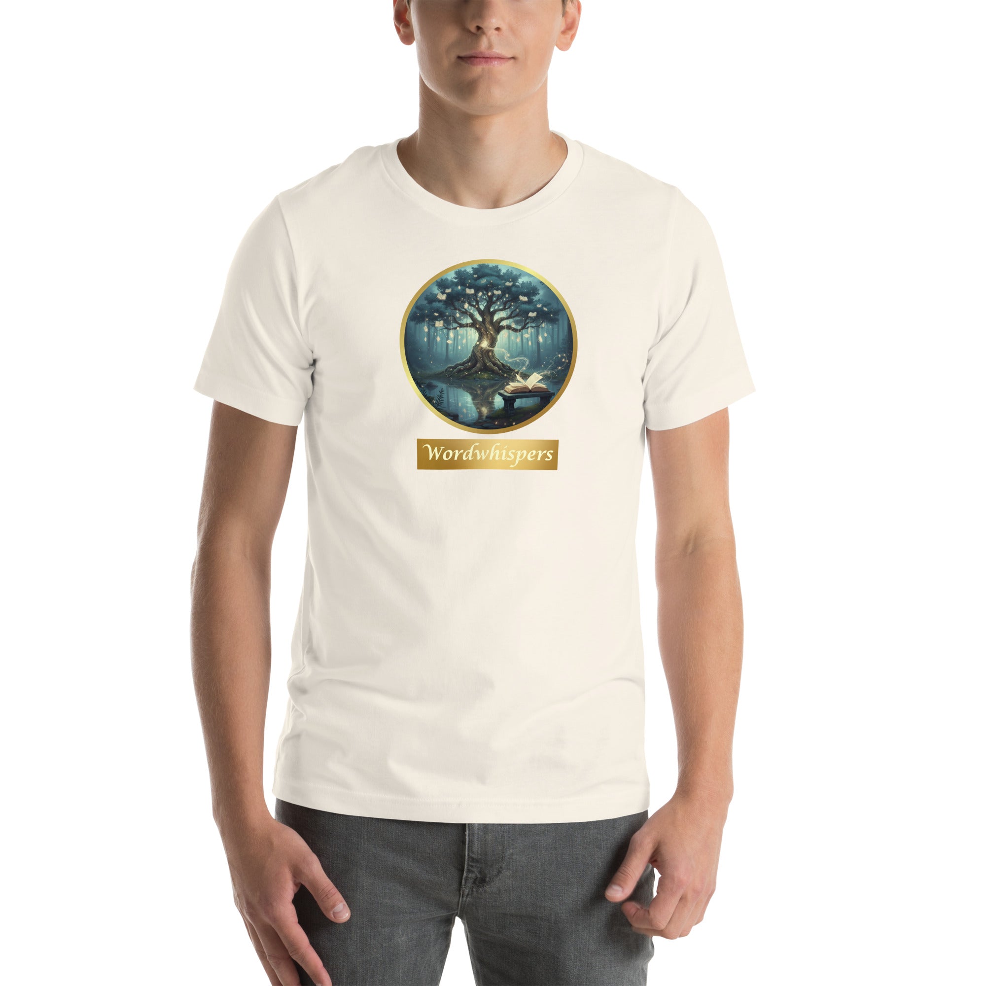 Mystical Tree unisex literary t-shirt, front view — soft cotton tee with glowing tree design, perfect gift for readers and writers — white