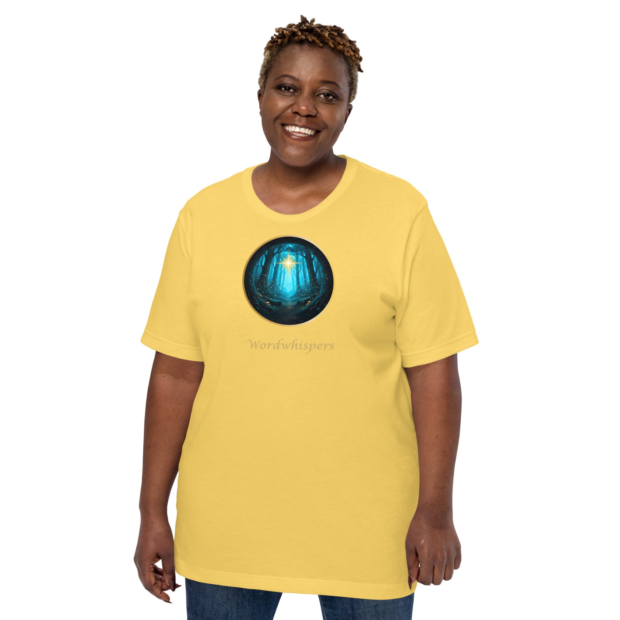 Literary t-shirt - Glimmer of Light design - for readers and writers - unisex - yellow