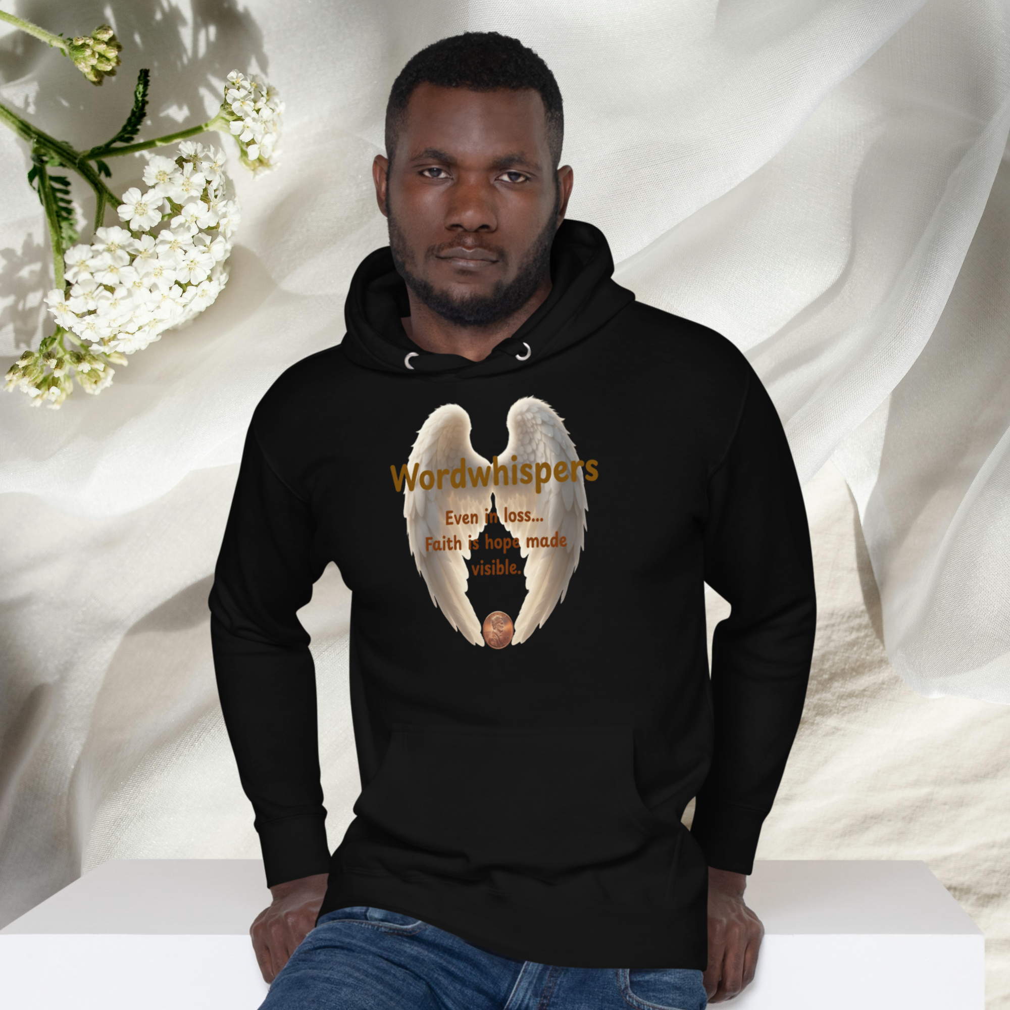 Pennies From Heaven unisex pullover hoodie, front view, with angel wings and penny design, in black