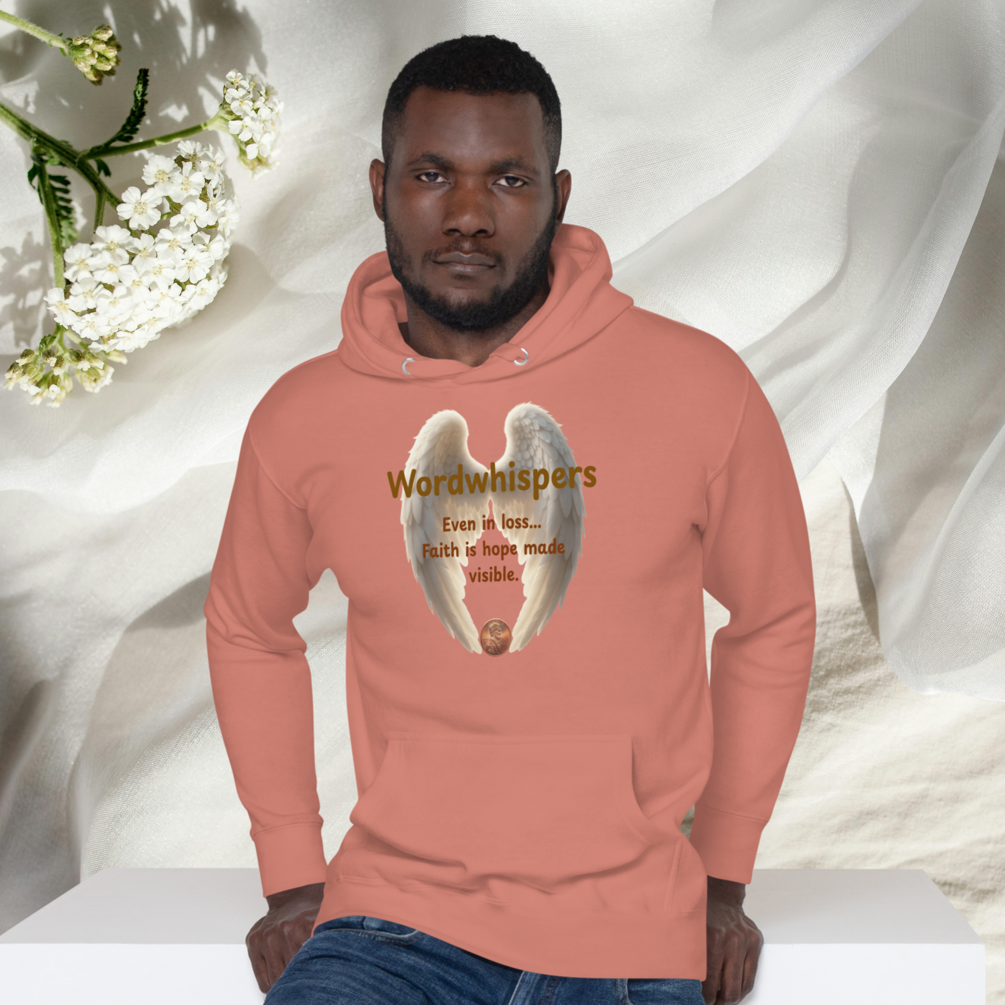 Pennies From Heaven unisex pullover hoodie, front view, with angel wings and penny design, in dusty rose
