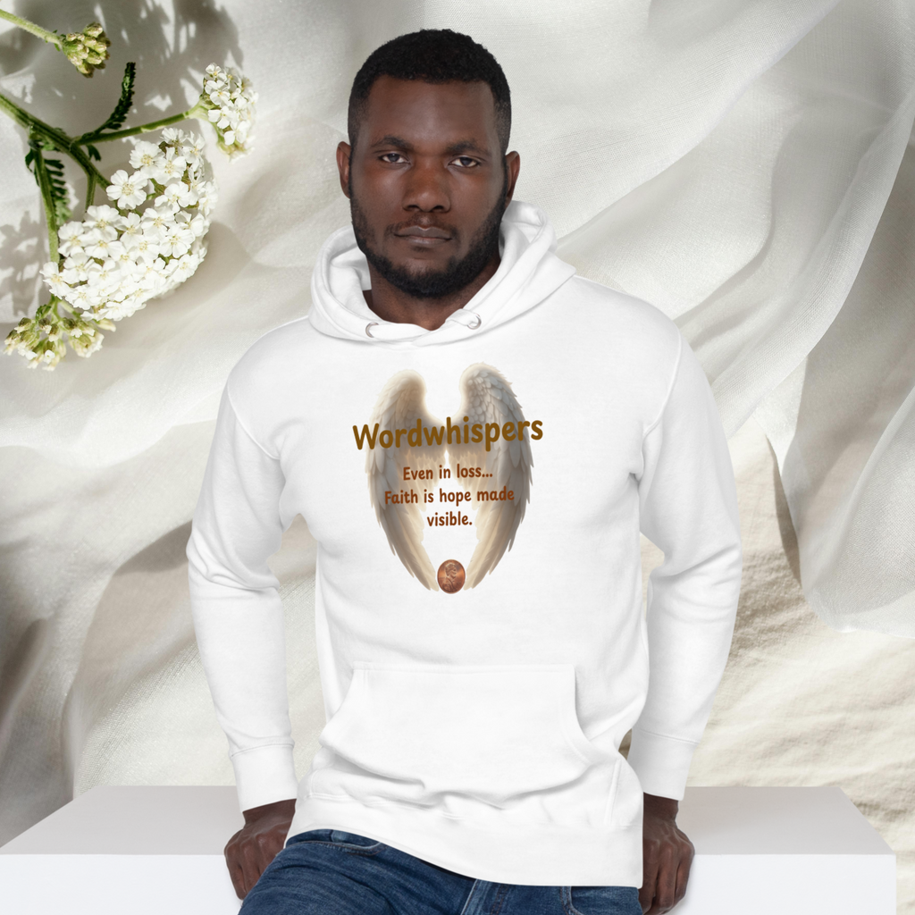 Pennies From Heaven unisex pullover hoodie, front view, with angel wings and penny design, in white
