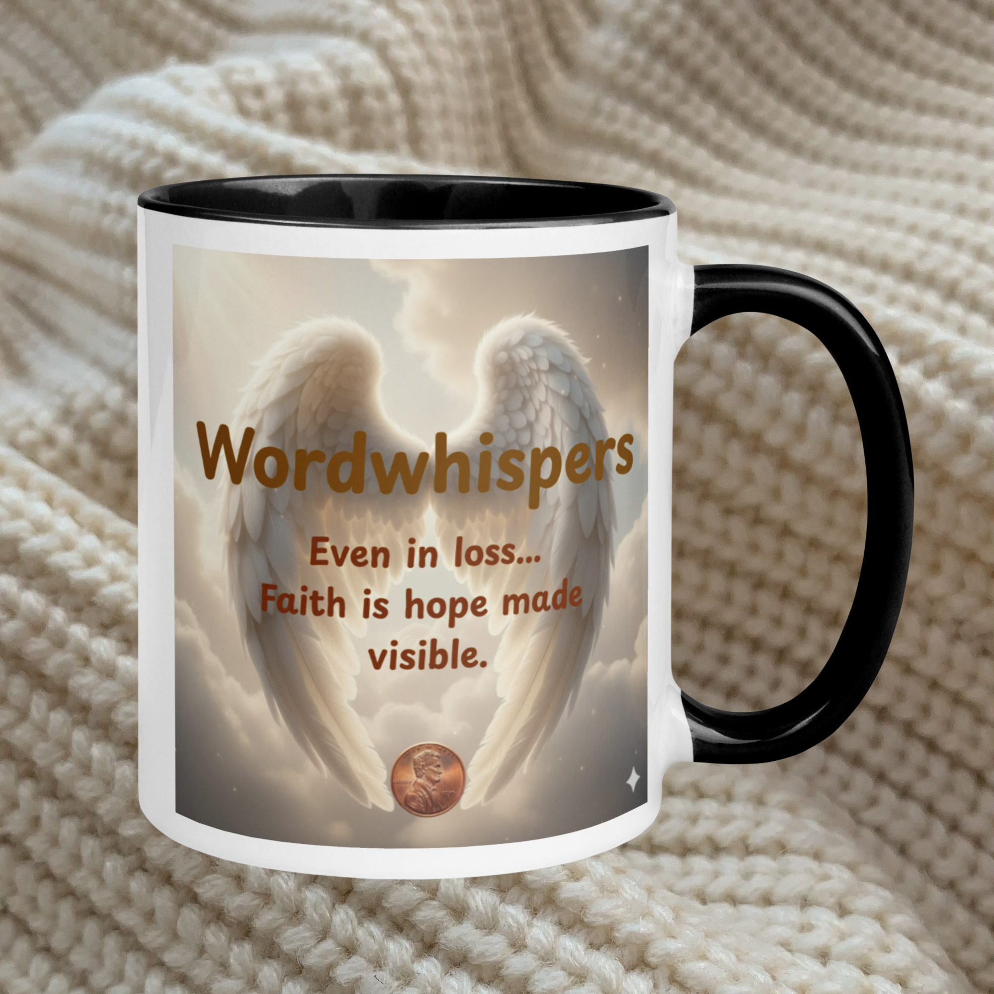 Inspirational mug accent - Pennies from Heaven Hope Made Visible - 11oz ceramic mug black interior