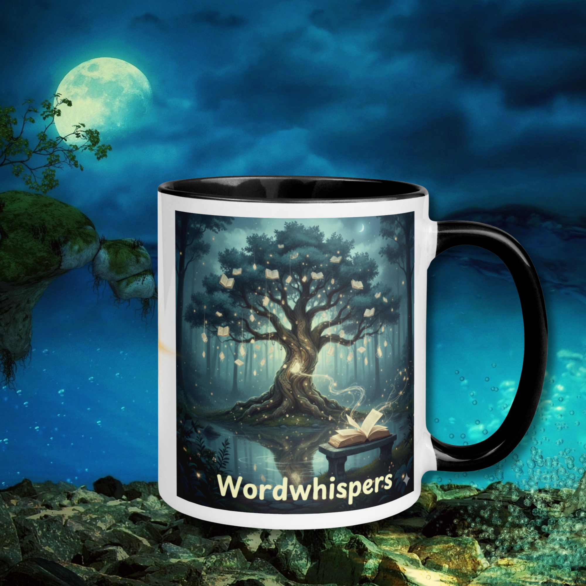 Book lover mug accent - Mystical Tree Glowing Books front view - literary gift