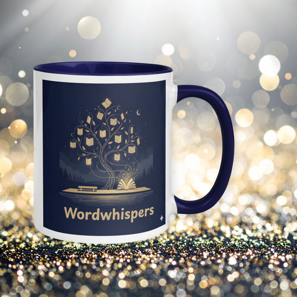 Book lover mug blue accent - Enchanted Tree Story Magic - front view 11oz ceramic mug blue interior