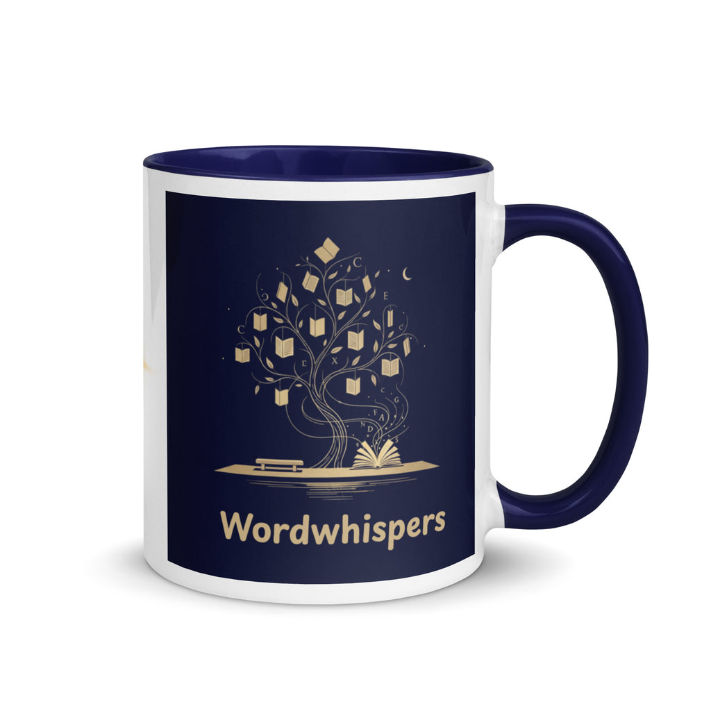Book lover mug blue accent - Enchanted Tree Story Magic - front view 11oz ceramic mug blue interior