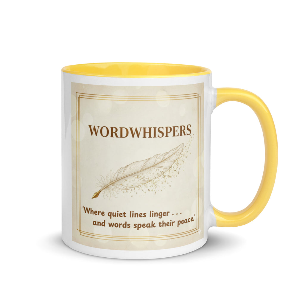 Book lover gift mug - Feather Whisper yellow accent - 11oz ceramic mug right view