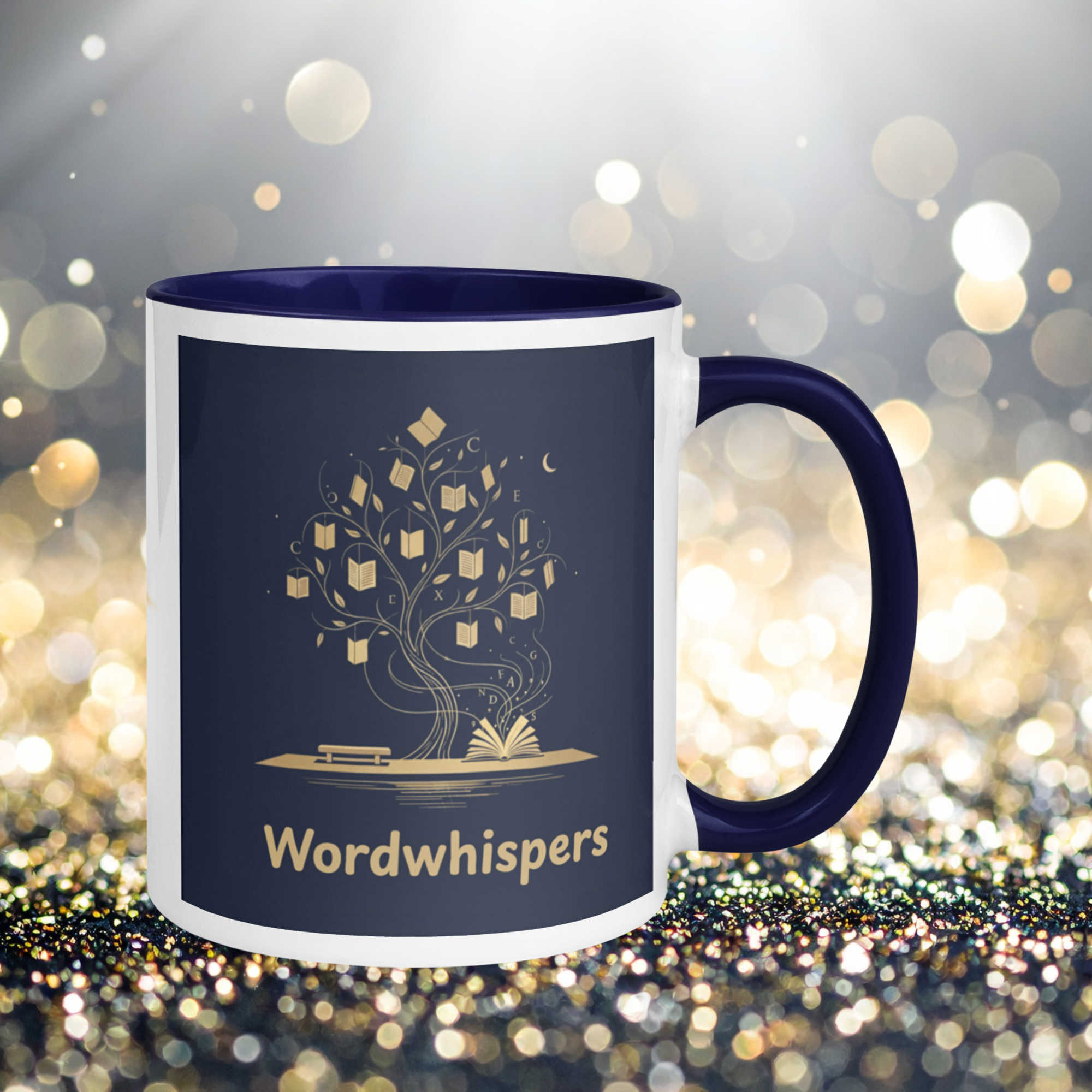 Book lover mug blue accent - Enchanted Tree Story Magic - front view 11oz ceramic mug blue interior