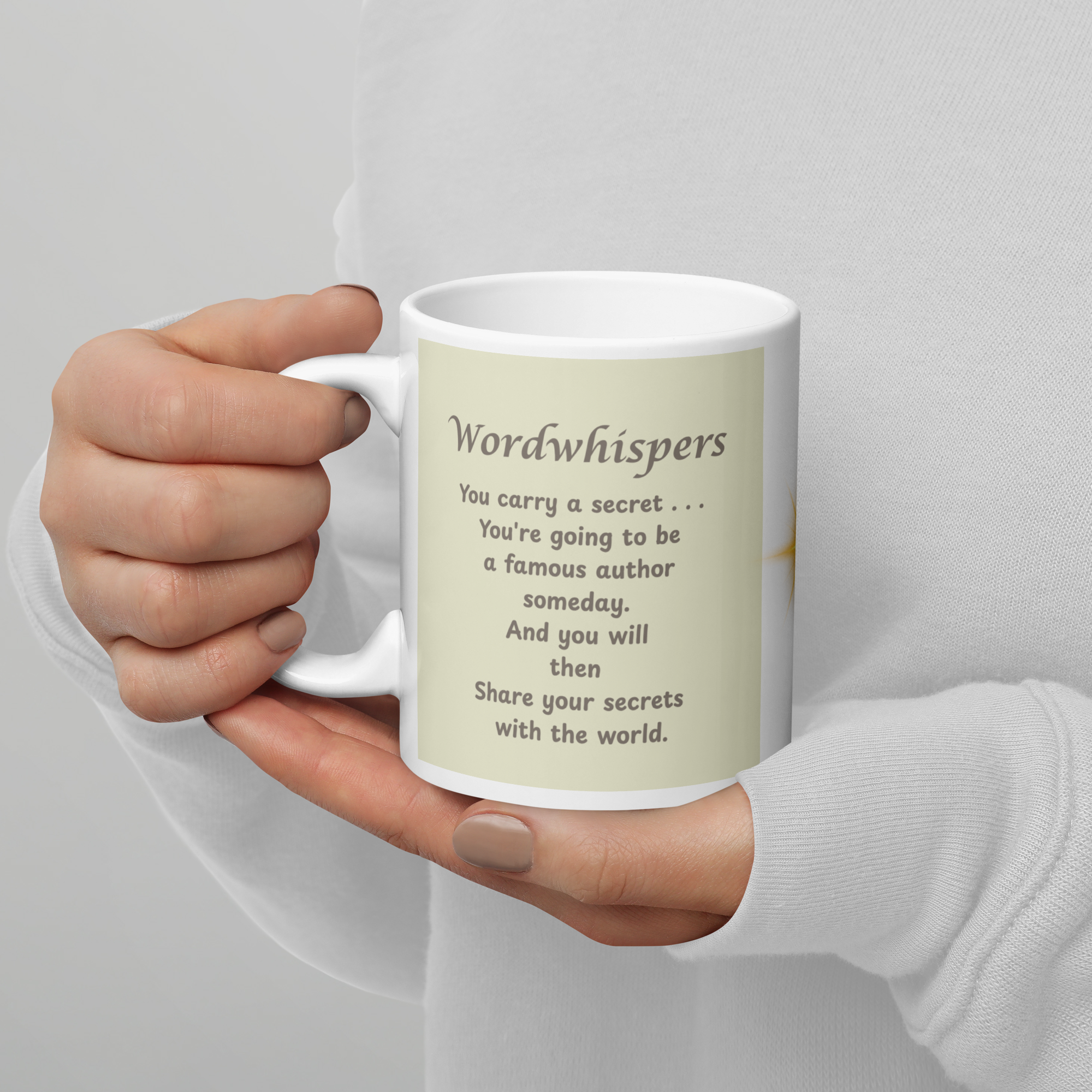 White glossy 11 oz writer mug back view — Chapter 02: Writers Write by Doris Writes