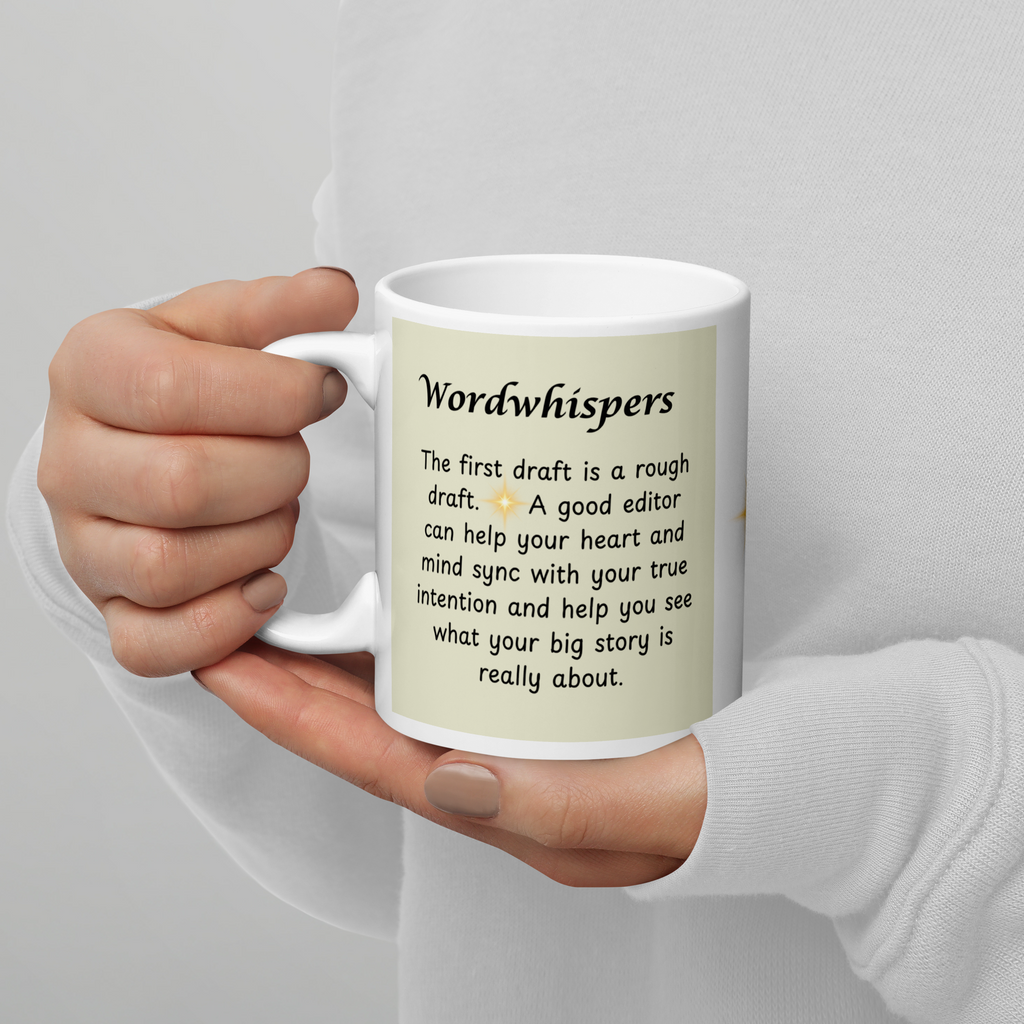 White glossy 11 oz writer mug back view — Chapter 03: The First Draft by Doris Writes