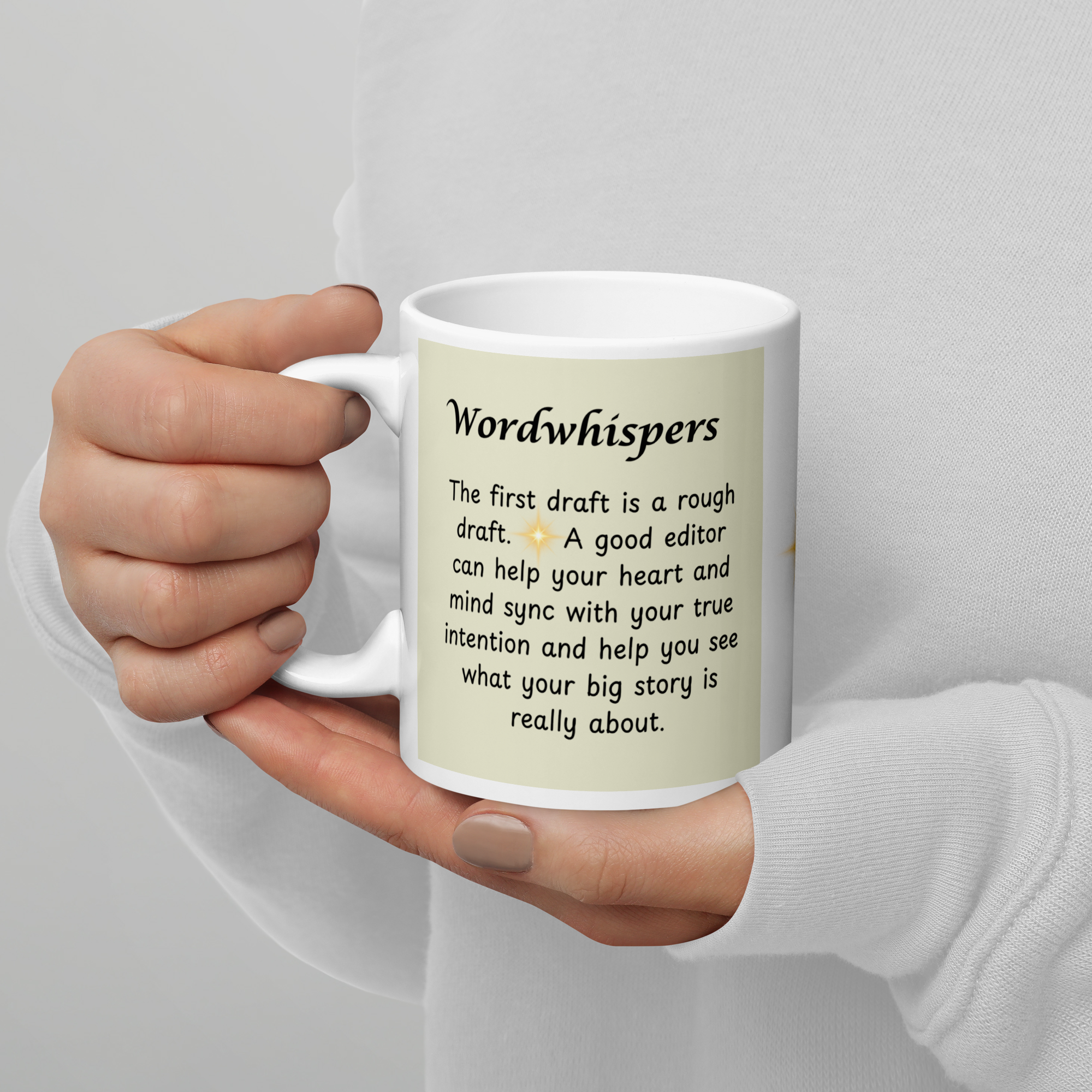 White glossy 11 oz writer mug back view — Chapter 03: The First Draft by Doris Writes