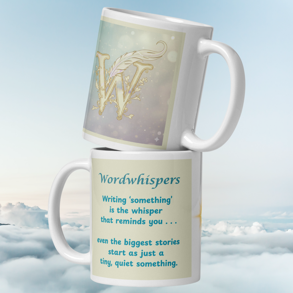 "White glossy 11 oz writer mug front view — The Quiet Something by Doris Writes