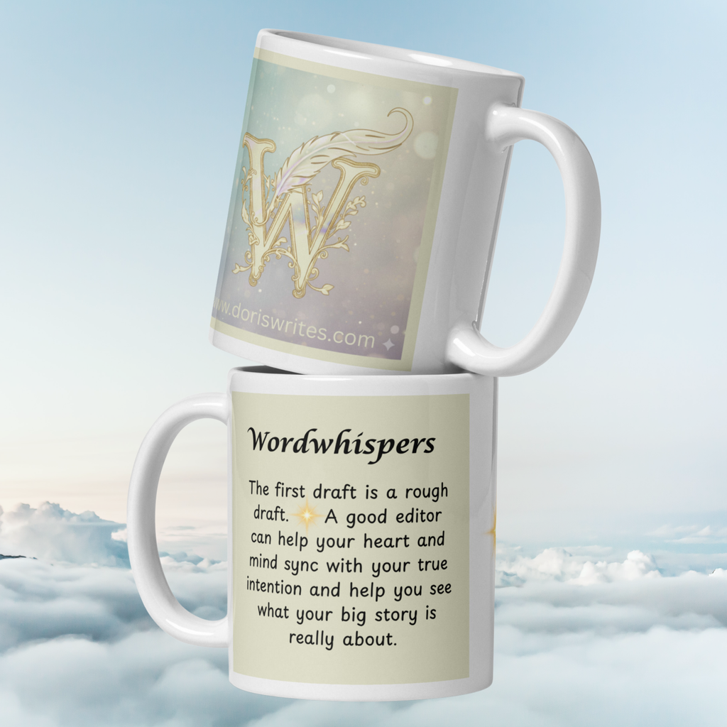 White glossy 11 oz writer mug front view — Chapter 03: The First Draft by Doris Writes