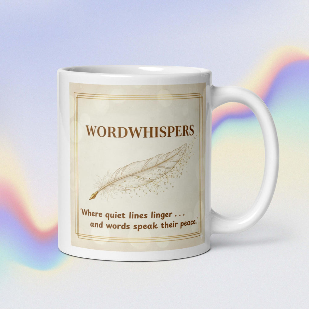 Book Lover Mug - Feather Whisper, white 11oz glossy ceramic mug with delicate feather design