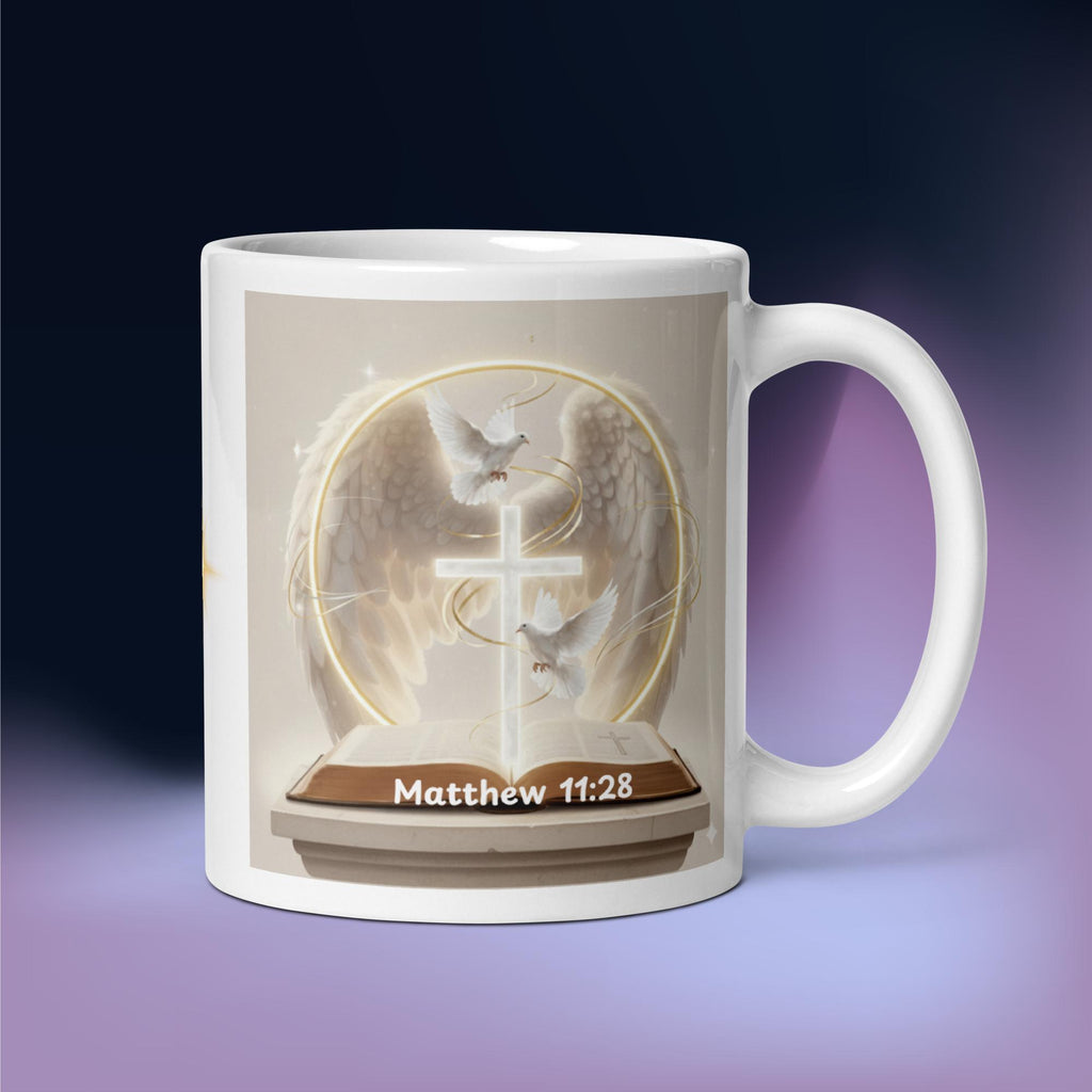 Inspirational mug white - Promise of Rest Matthew 11:28 - 11oz glossy ceramic coffee mug