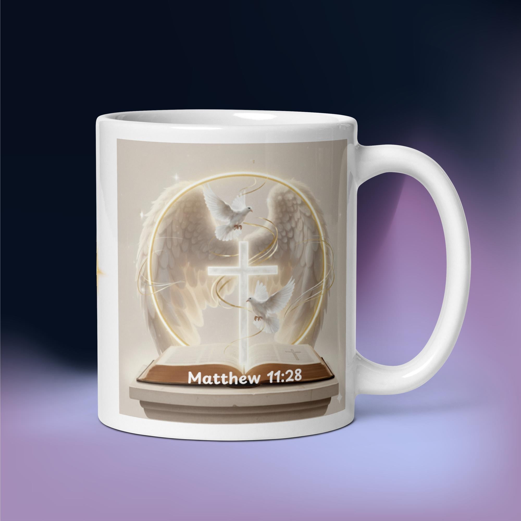 Inspirational mug white - Promise of Rest Matthew 11:28 - 11oz glossy ceramic coffee mug