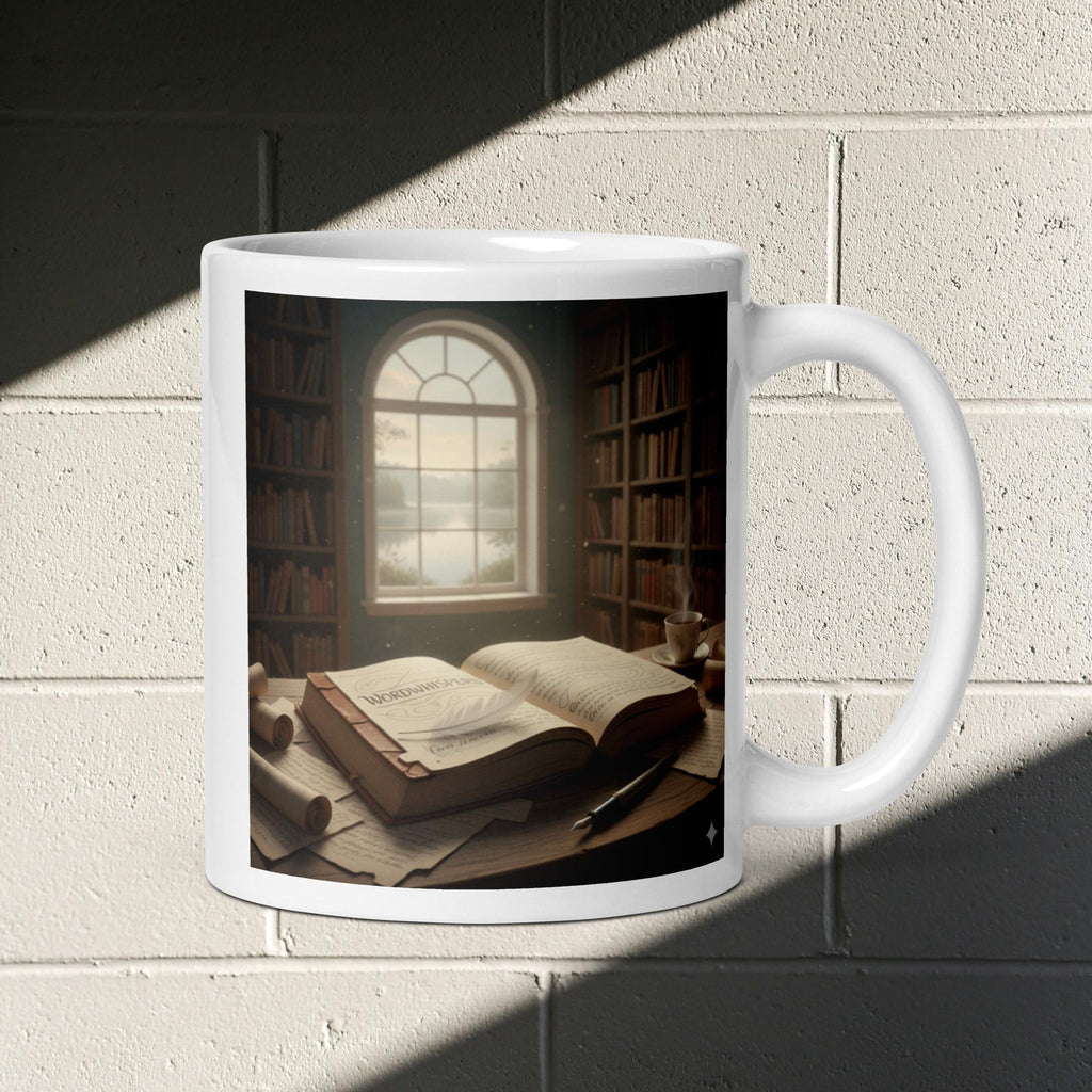 Book Lover Mug - Library Whisper design featuring towering bookshelves, a serene window view, and an open book — white 11oz ceramic mug, perfect gift for readers and writers
