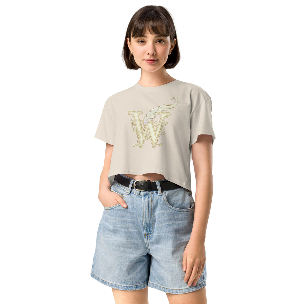 Book lover crop top bone - Wordwhispers cream logo front - women's literary apparel