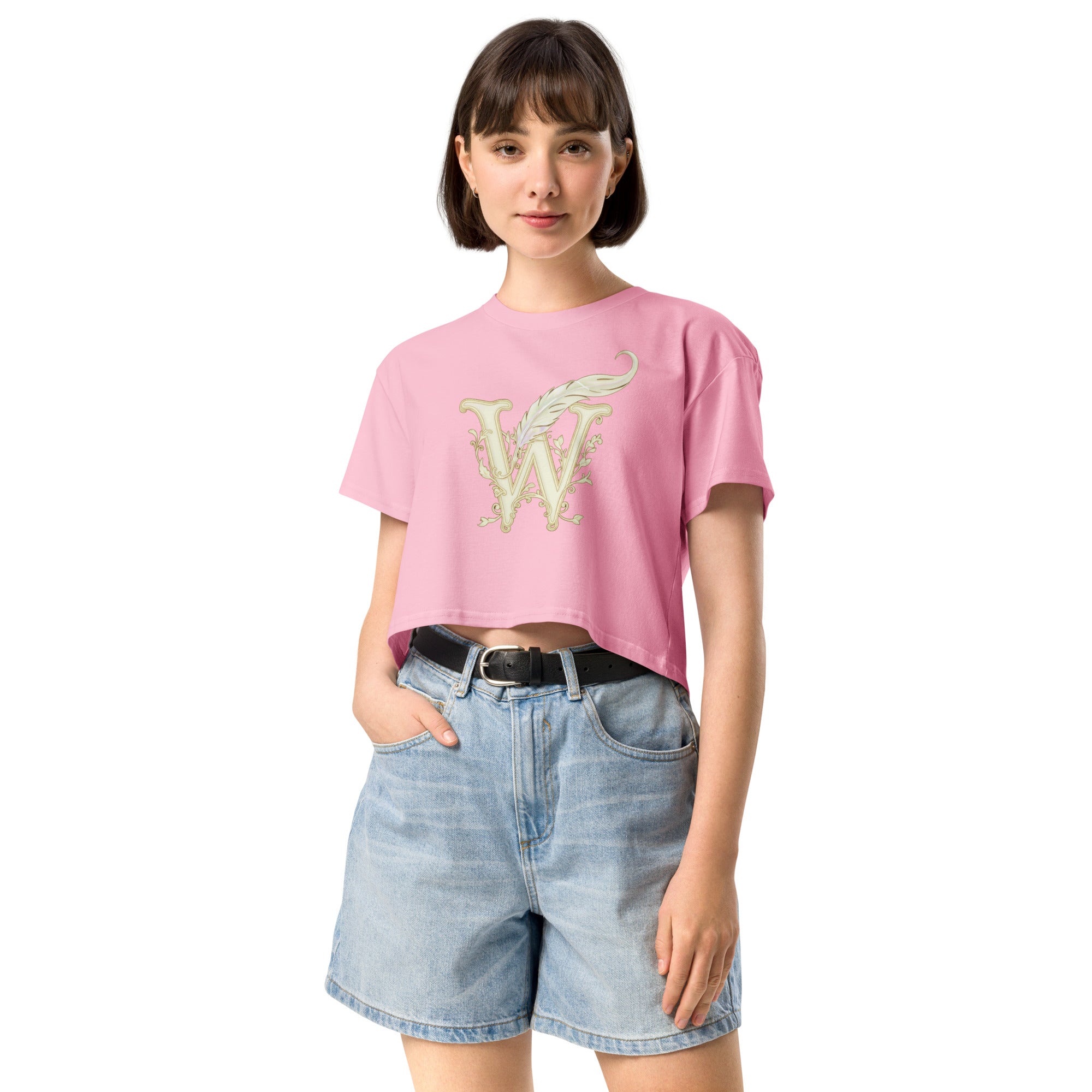 Book lover crop top bubblegum - Wordwhispers cream logo front - women's literary apparel