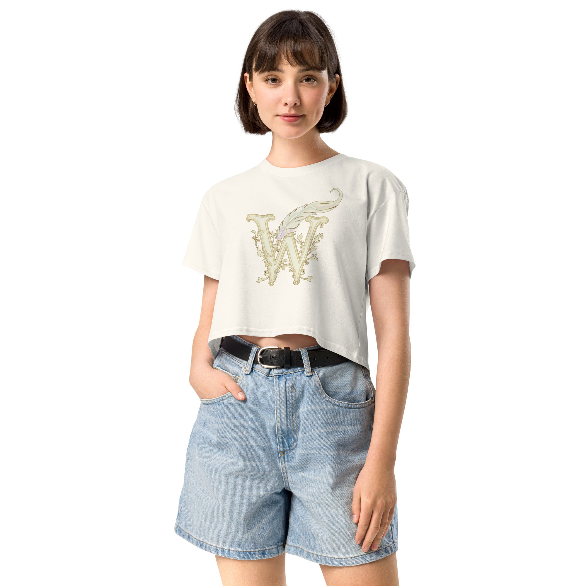 Book lover crop top ecru - Wordwhispers cream logo front - women's literary apparel