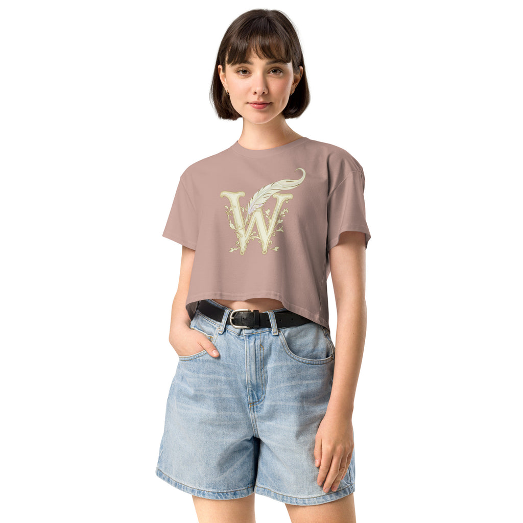 Book lover crop top hazy pink - Wordwhispers cream logo front - women's literary apparel